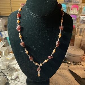 Rough Red Garnet Chrystals & Peach-tinted Pearls hand-wired with copper wire.